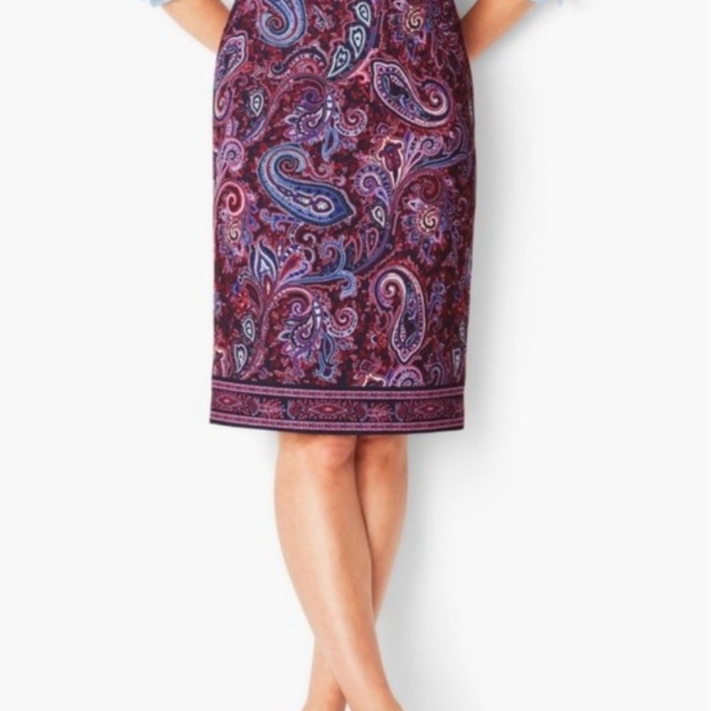 Talbots 10 Burgundy Blue Paisley Concealed Zip Back Slit Lined Pencil Skirt $109 - Picture 8 of 8